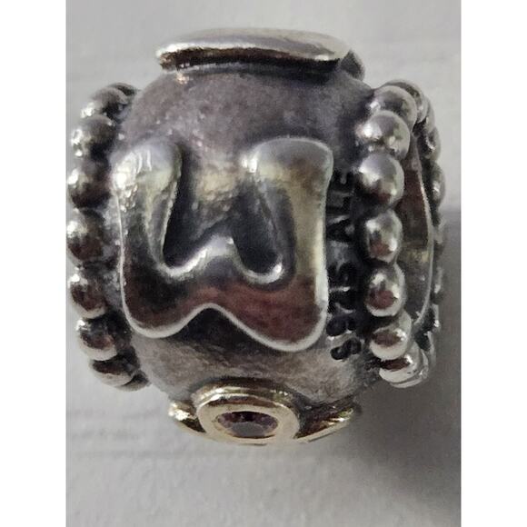 Pandora 925 Sterling Silver & 14k Gold Two Tone Pink CZ Retired Mom Charm - Picture 6 of 8